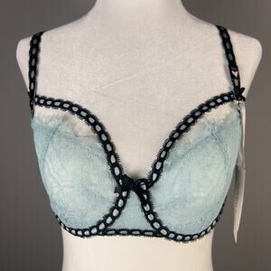 Victoria’s Secret Dream Angels Unlined Uplift Bra Blue Lace w/ Black Ribbon 32DD